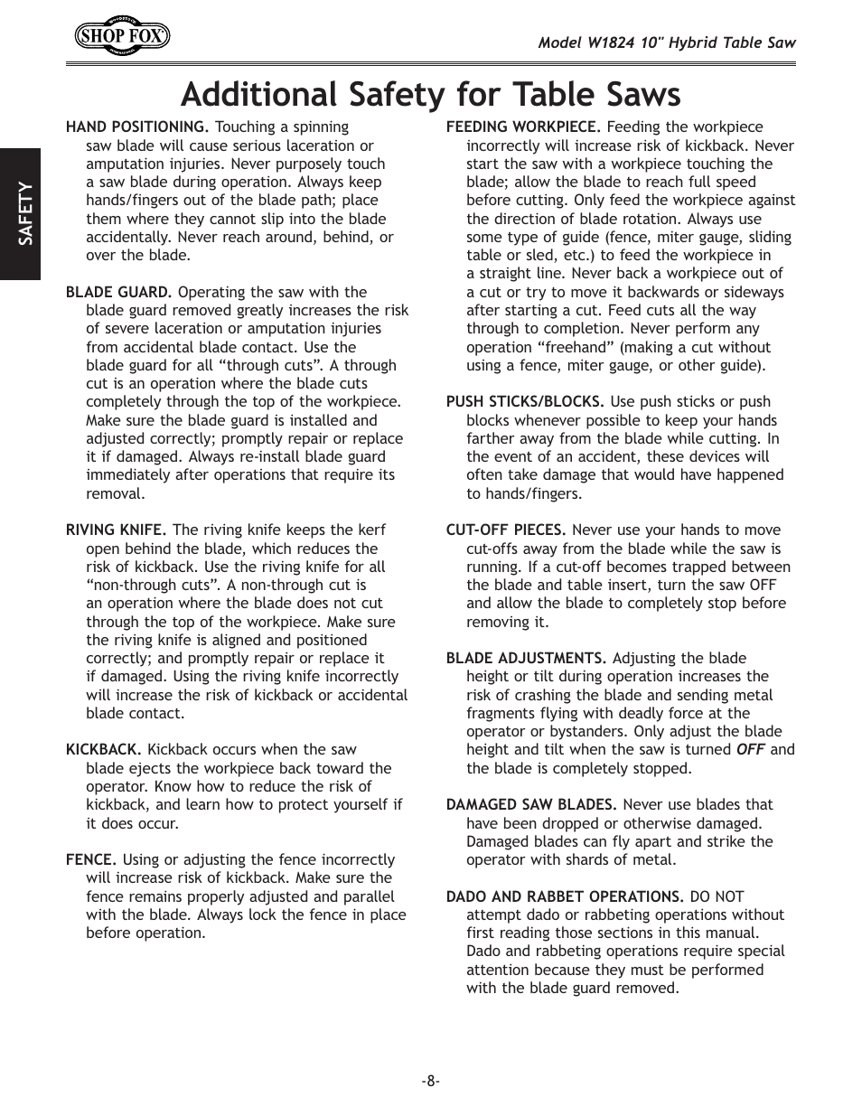 Additional safety for table saws | Woodstock SHOP FOX W1824 User Manual | Page 10 / 88