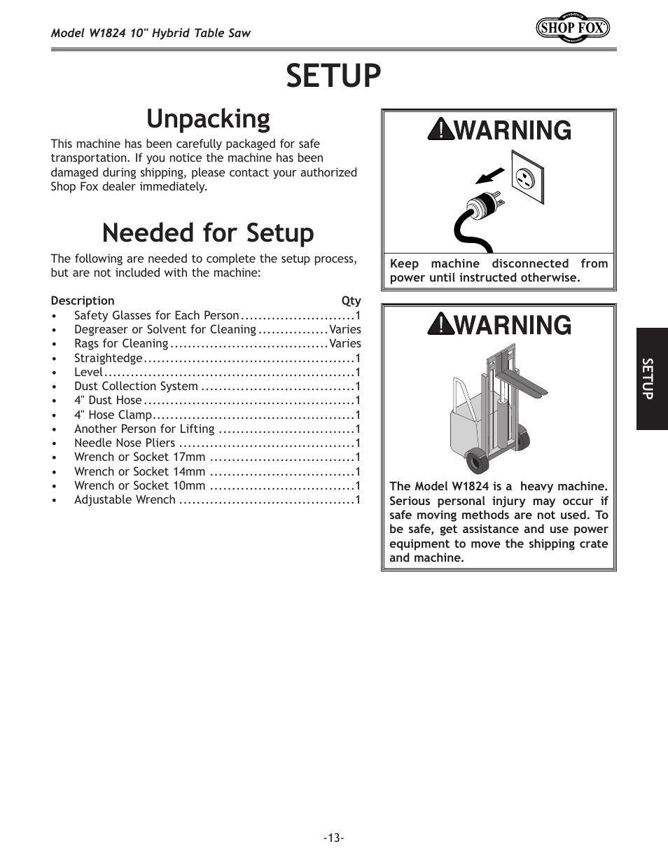 Setup, Unpacking, Needed for setup | Woodstock SHOP FOX W1824 User Manual | Page 15 / 88