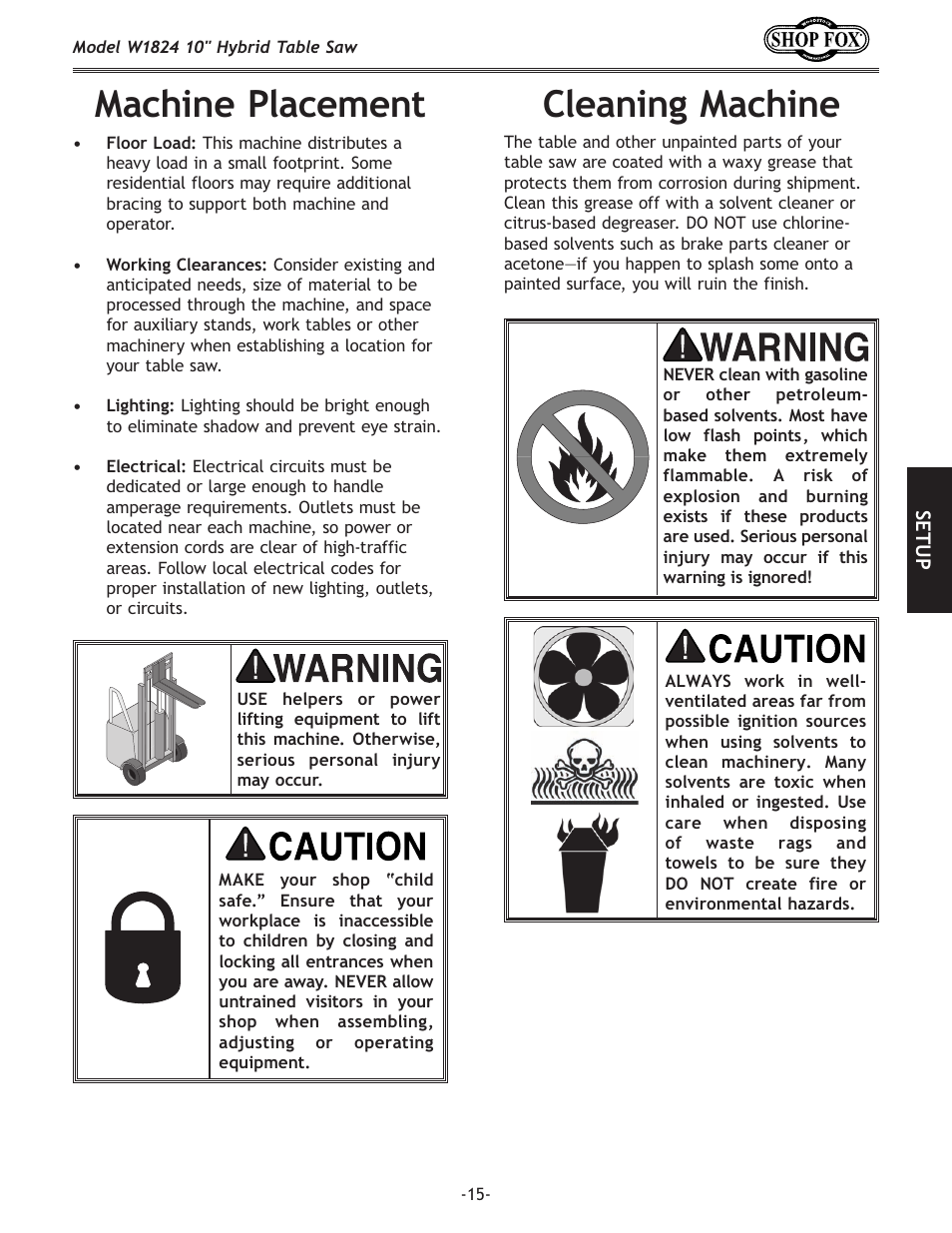Cleaning machine, Machine placement | Woodstock SHOP FOX W1824 User Manual | Page 17 / 88