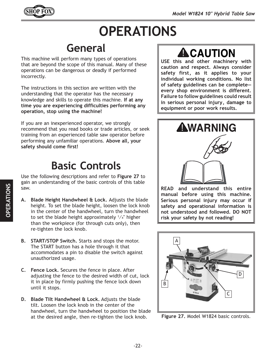 Operations, General, Basic controls | Woodstock SHOP FOX W1824 User Manual | Page 24 / 88