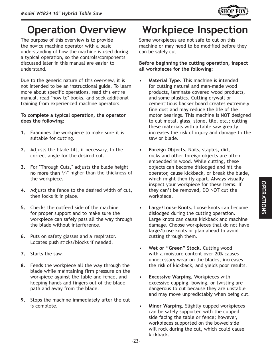 Operation overview, Workpiece inspection | Woodstock SHOP FOX W1824 User Manual | Page 25 / 88