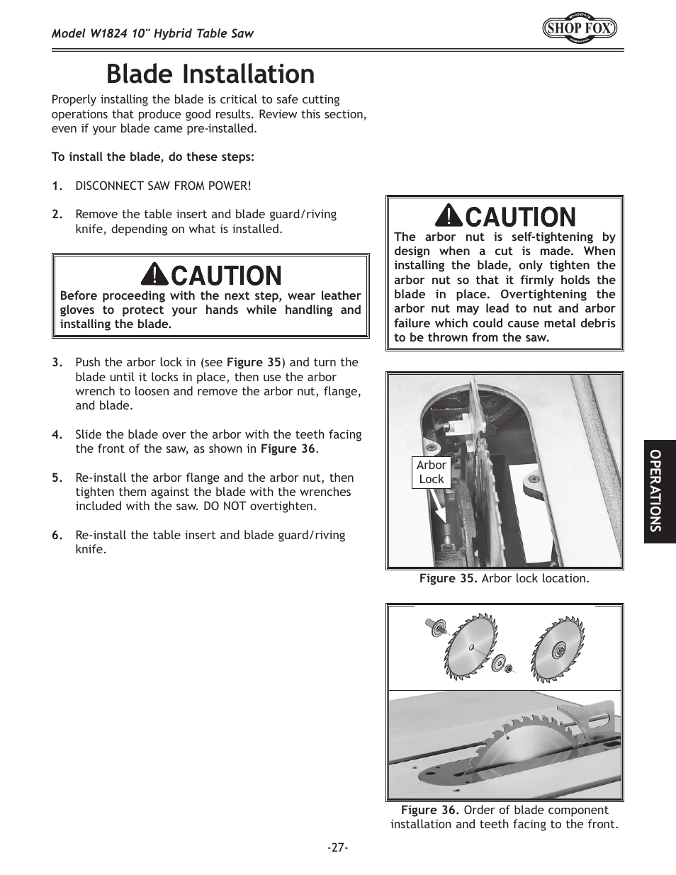 Blade installation | Woodstock SHOP FOX W1824 User Manual | Page 29 / 88