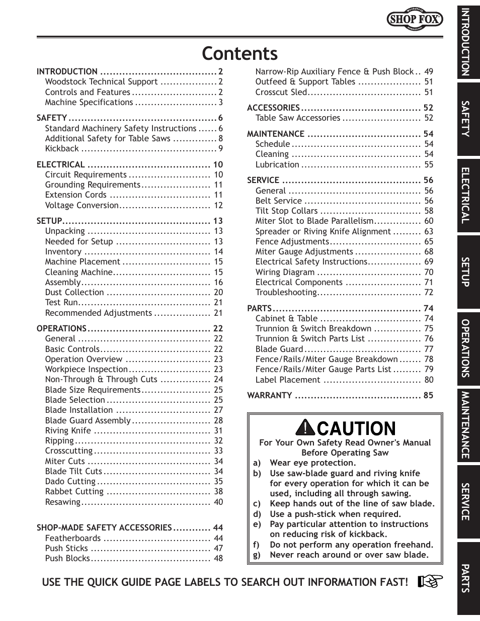 Fek\ekj | Woodstock SHOP FOX W1824 User Manual | Page 3 / 88