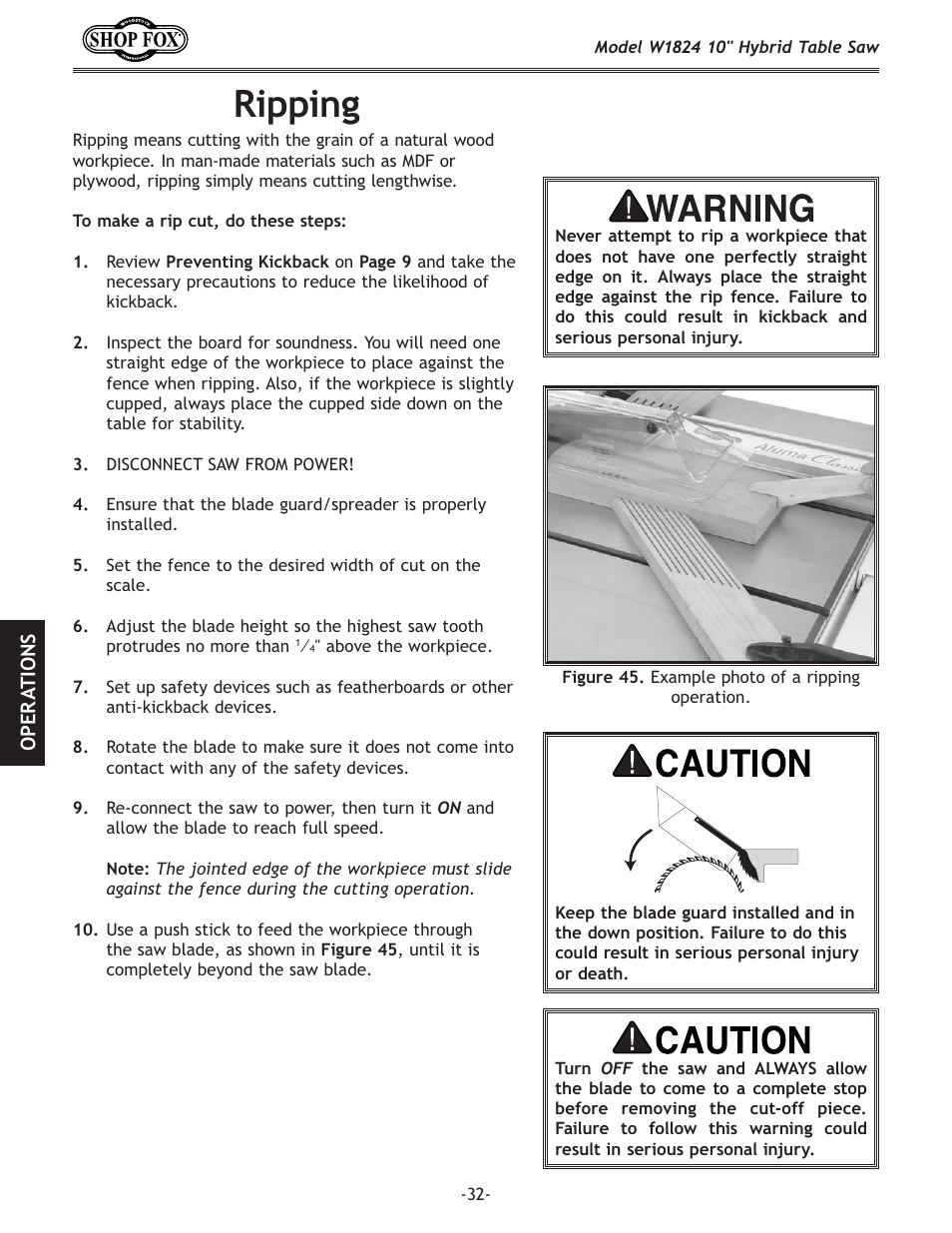 Ripping | Woodstock SHOP FOX W1824 User Manual | Page 34 / 88