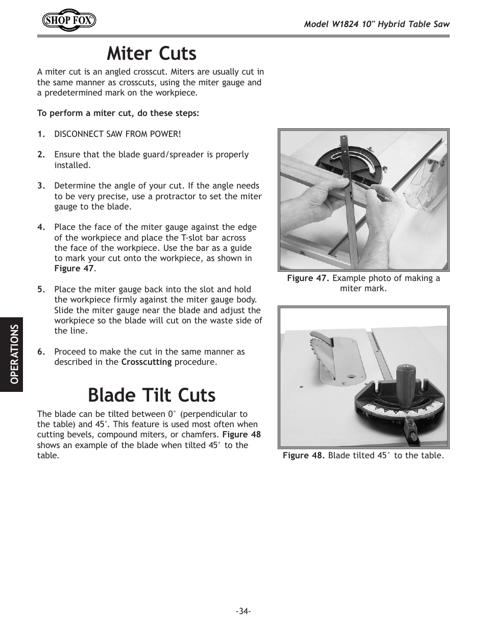 Miter cuts, Blade tilt cuts | Woodstock SHOP FOX W1824 User Manual | Page 36 / 88