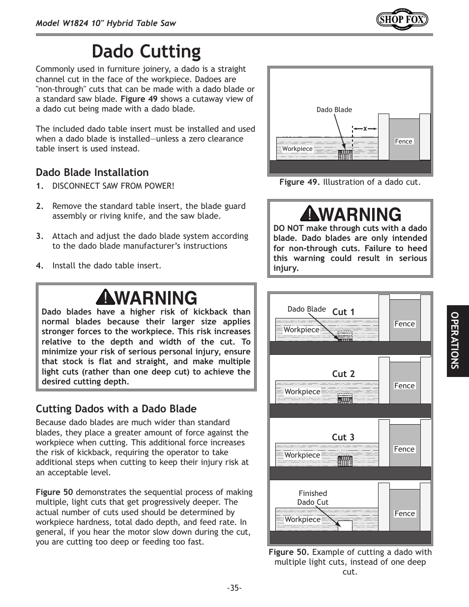 Dado cutting, Dado blade installation, Cutting dados with a dado blade | Woodstock SHOP FOX W1824 User Manual | Page 37 / 88