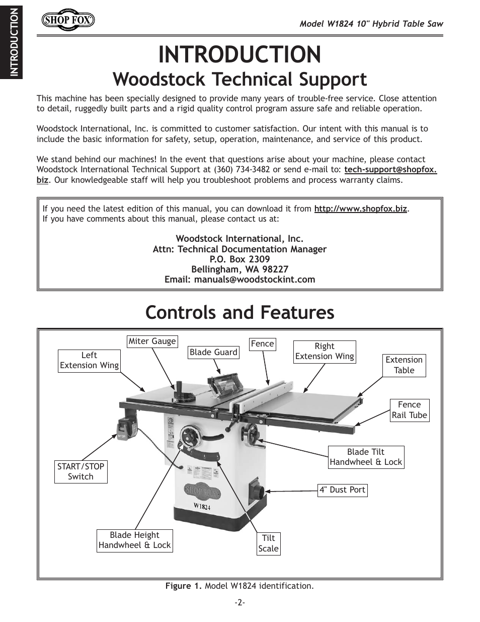 Introduction, Woodstock technical support, Controls and features | Woodstock SHOP FOX W1824 User Manual | Page 4 / 88