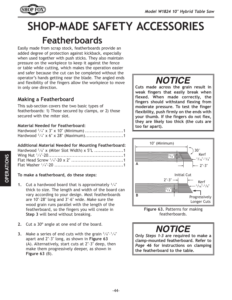 Shop-made safety accessories, Featherboards, Making a featherboard | Fg < i 8 k@fej | Woodstock SHOP FOX W1824 User Manual | Page 46 / 88