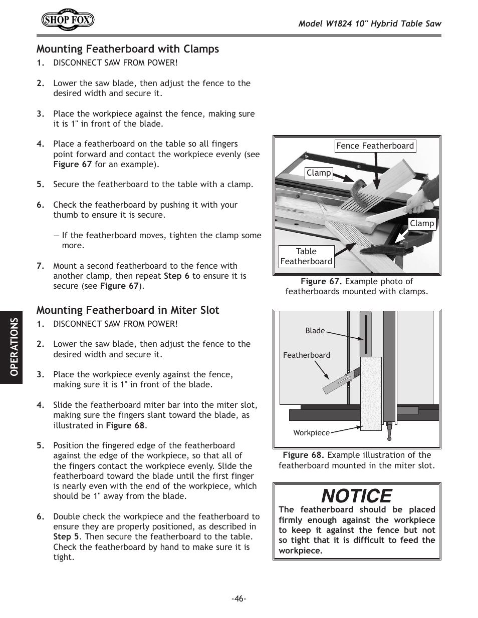 Mounting featherboard with clamps, Mounting featherboard in miter slot | Woodstock SHOP FOX W1824 User Manual | Page 48 / 88