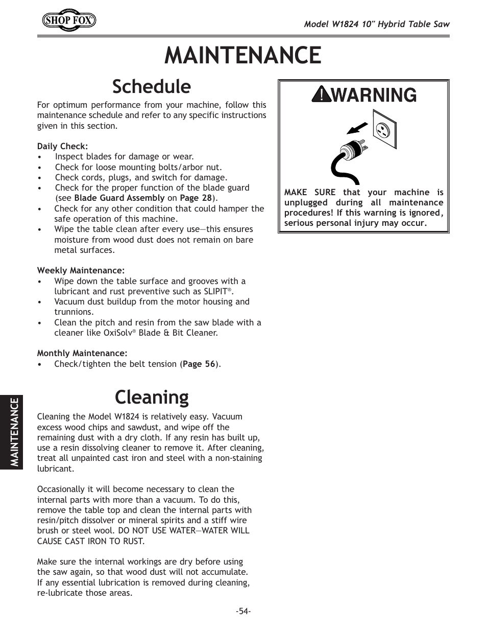 Maintenance, Cleaning, Schedule | Woodstock SHOP FOX W1824 User Manual | Page 56 / 88