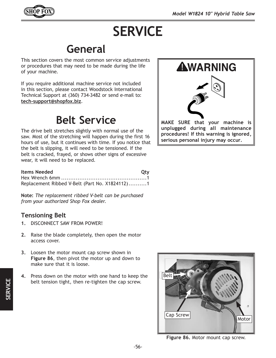 Service, General, Belt service | Woodstock SHOP FOX W1824 User Manual | Page 58 / 88