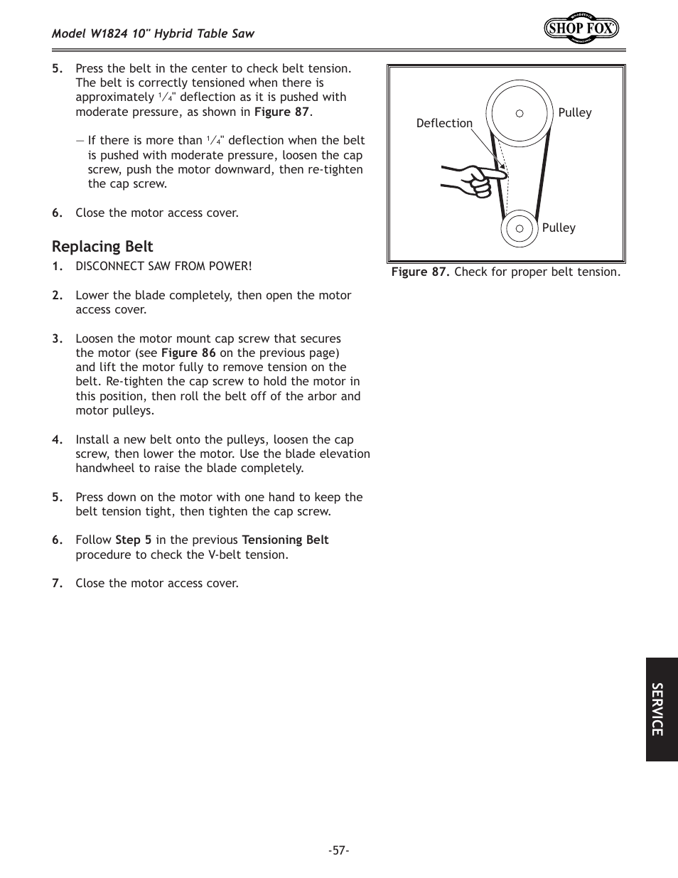 Replacing belt, J<i m | Woodstock SHOP FOX W1824 User Manual | Page 59 / 88