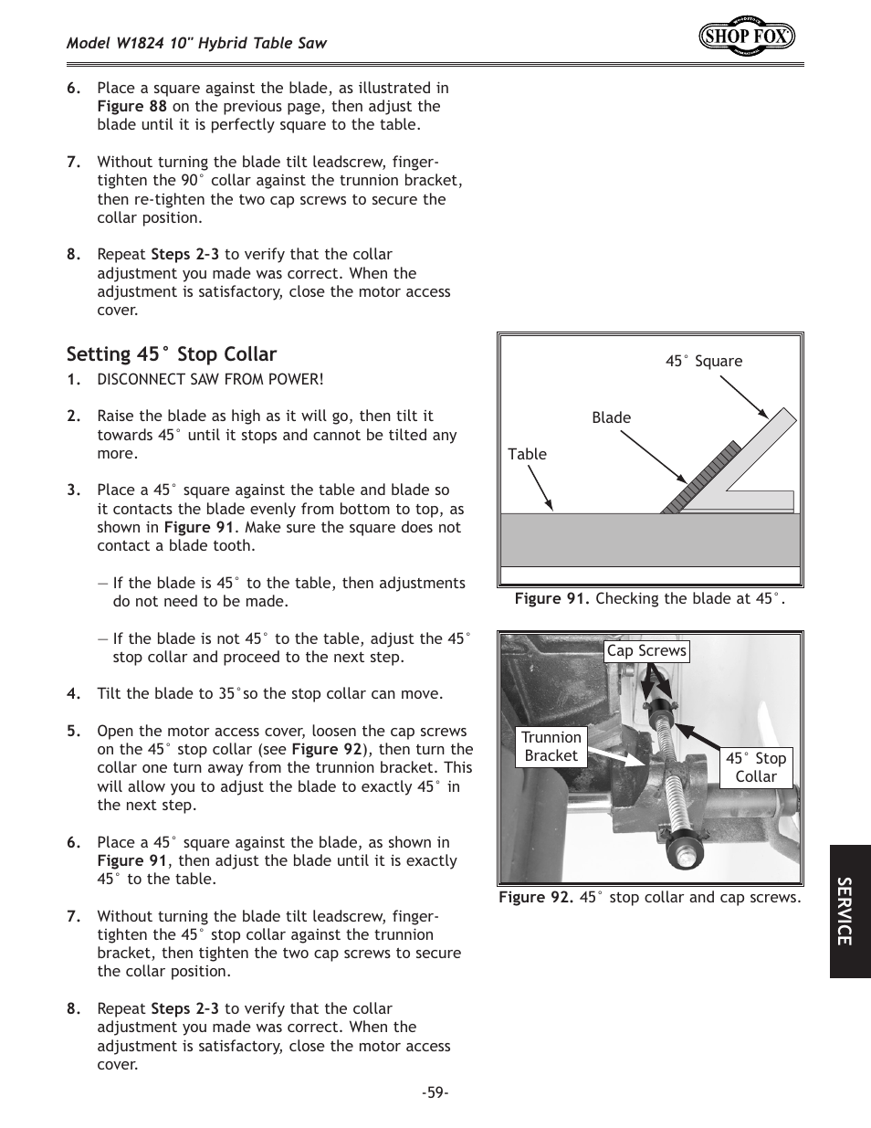 Setting 45° stop collar | Woodstock SHOP FOX W1824 User Manual | Page 61 / 88