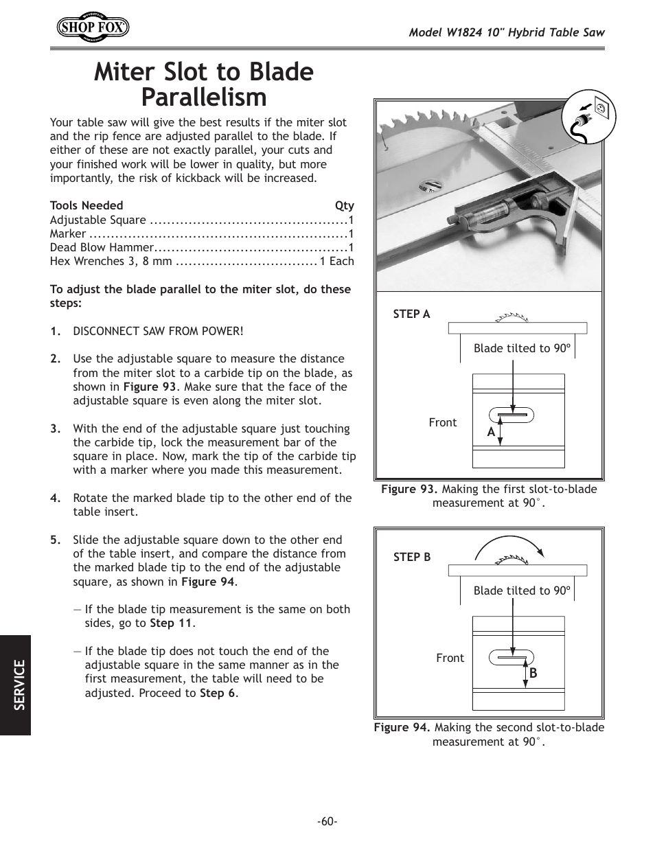 Miter slot to blade parallelism | Woodstock SHOP FOX W1824 User Manual | Page 62 / 88