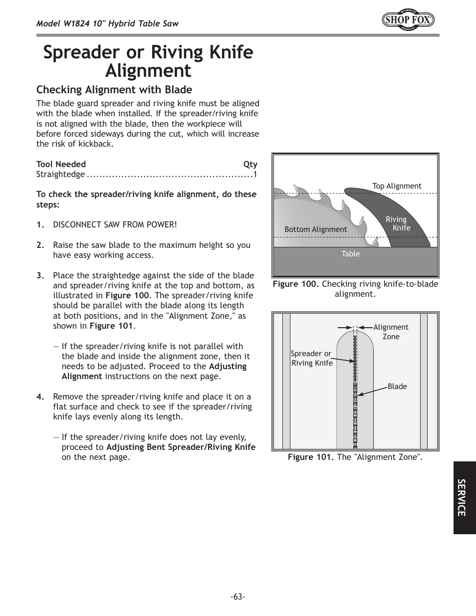 Spreader or riving knife alignment | Woodstock SHOP FOX W1824 User Manual | Page 65 / 88
