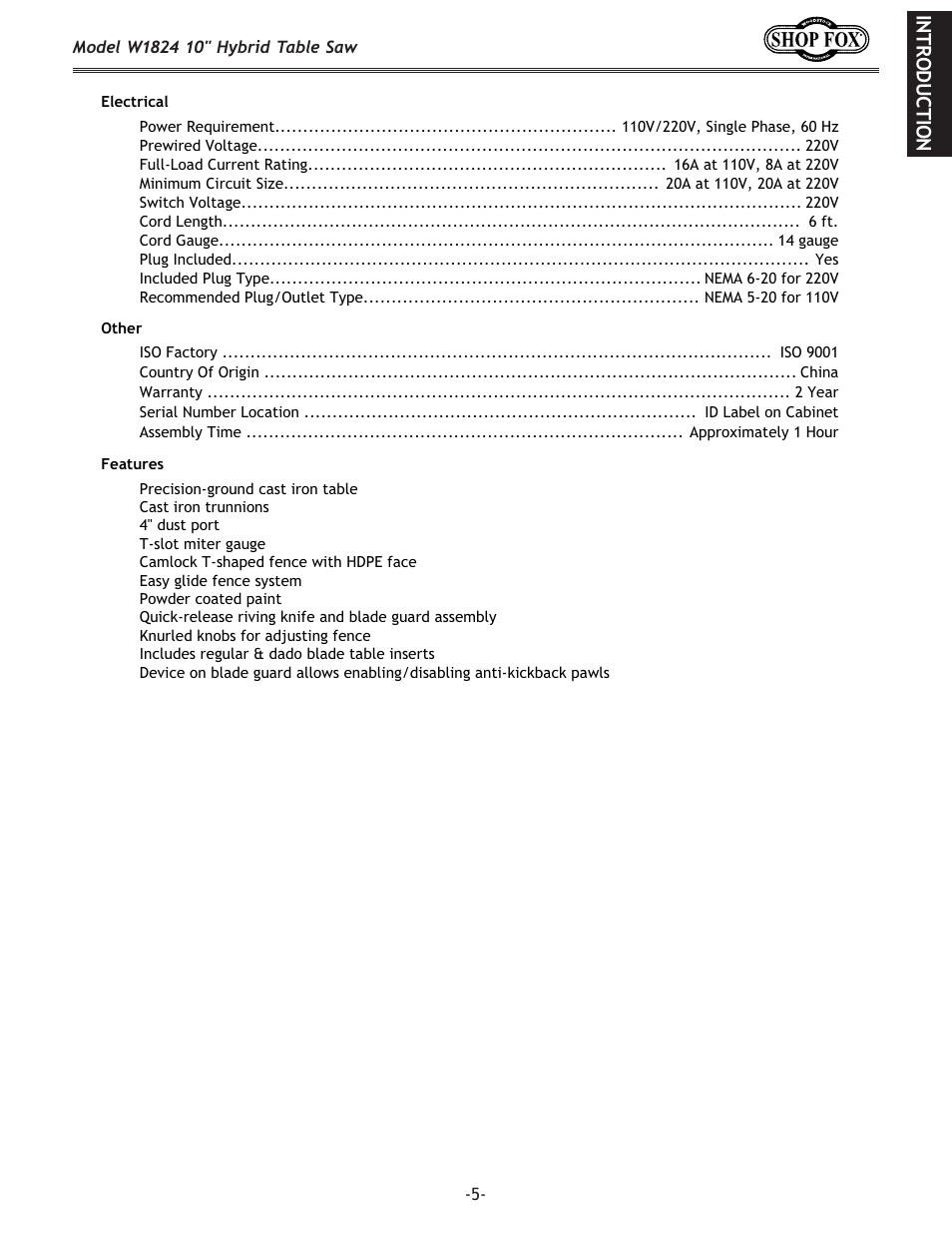 Eki f;l: k@fe | Woodstock SHOP FOX W1824 User Manual | Page 7 / 88