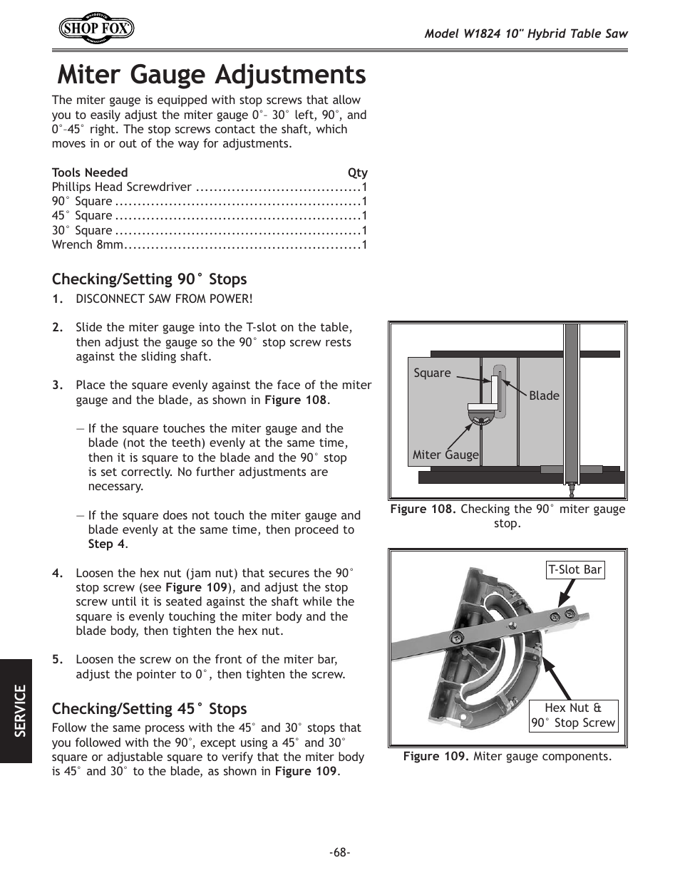 Miter gauge adjustments | Woodstock SHOP FOX W1824 User Manual | Page 70 / 88