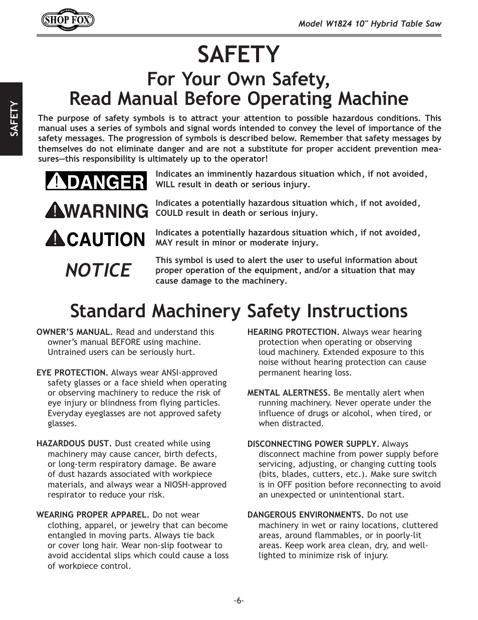 J8=<kp, Safety, Standard machinery safety instructions | Woodstock SHOP FOX W1824 User Manual | Page 8 / 88