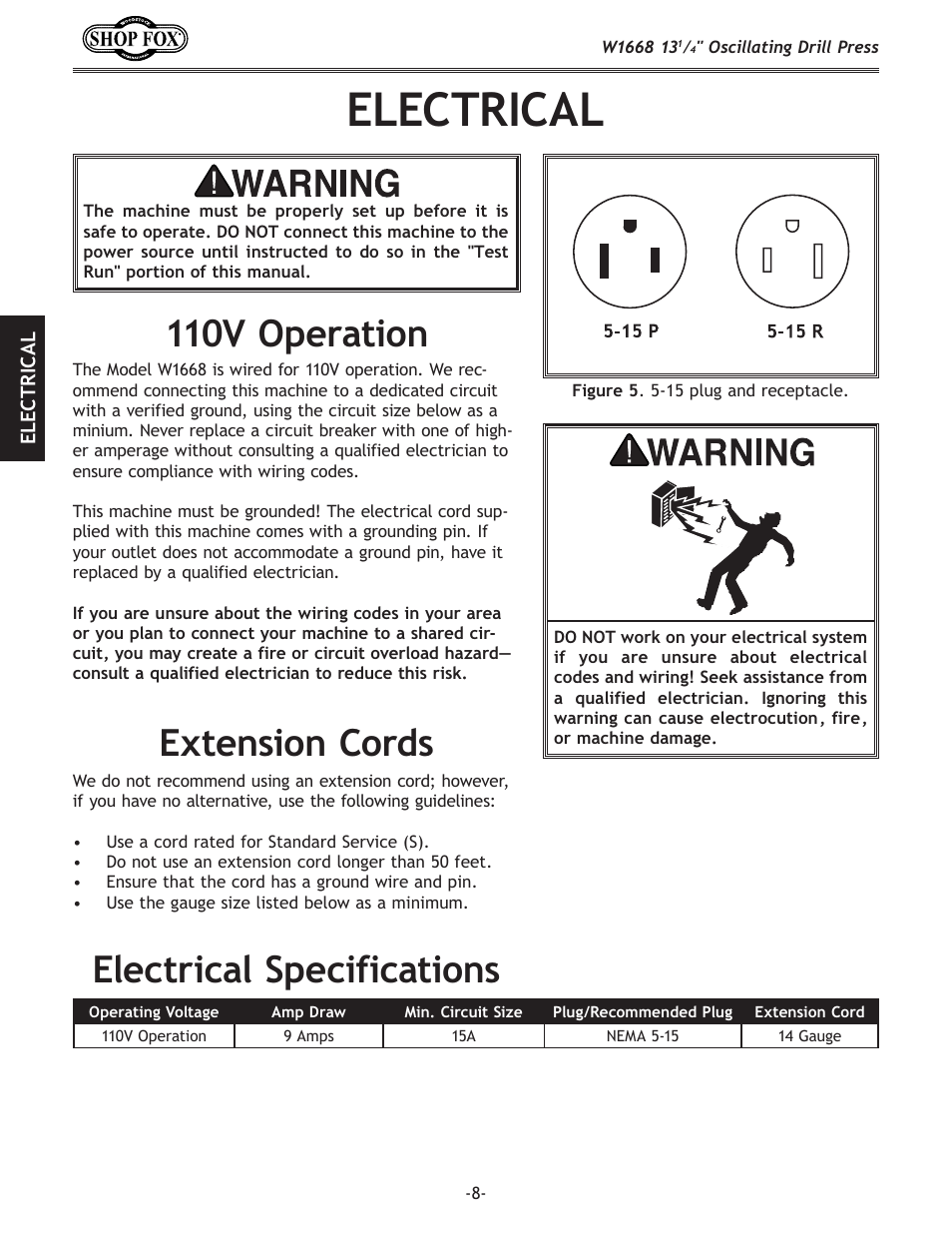 Electrical, 110v operation, Electrical specifications | Extension cords | Woodstock 13 1/4" Oscillating Drill Press W1668 User Manual | Page 10 / 40