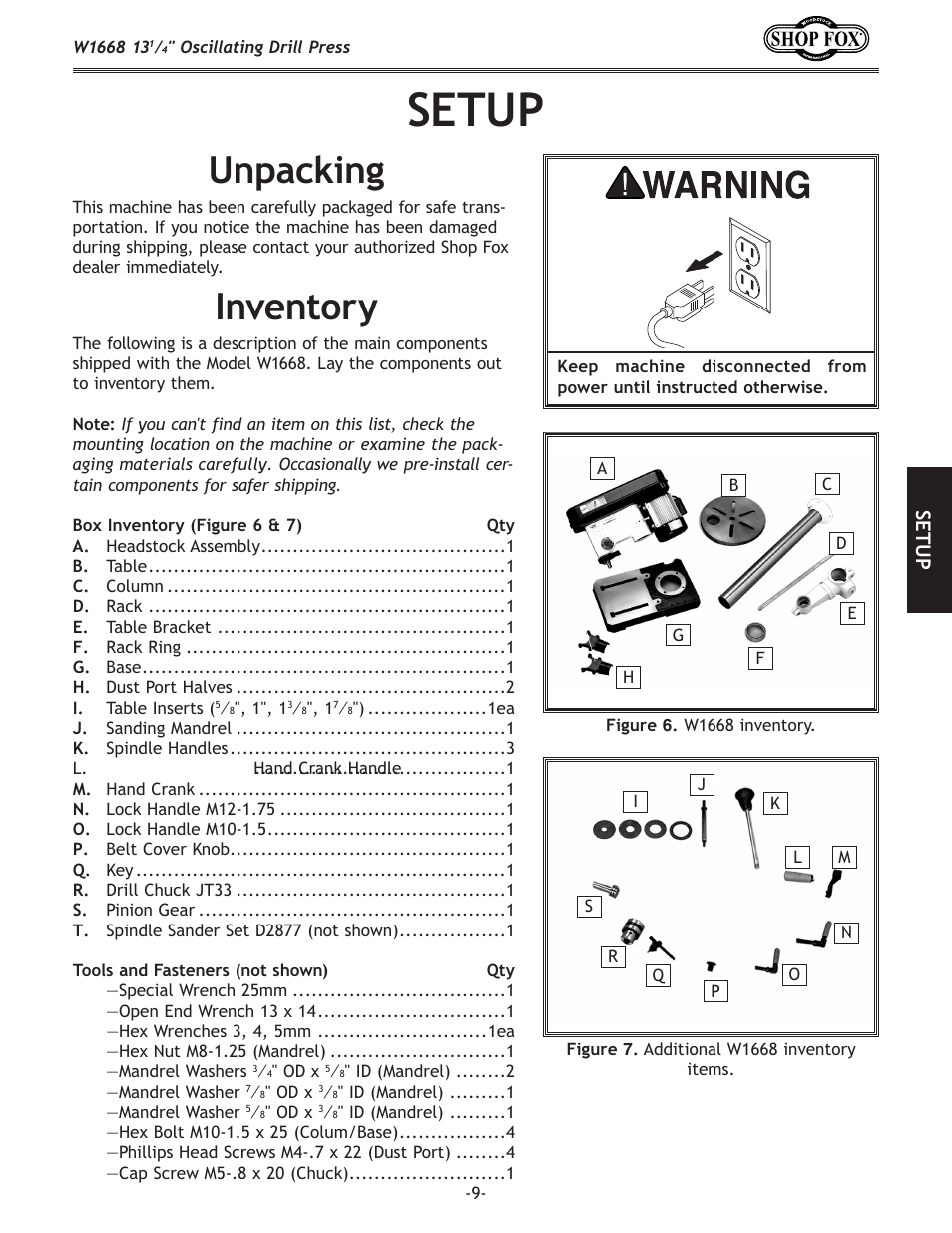 Setup, Unpacking, Inventory | Se tu p | Woodstock 13 1/4" Oscillating Drill Press W1668 User Manual | Page 11 / 40