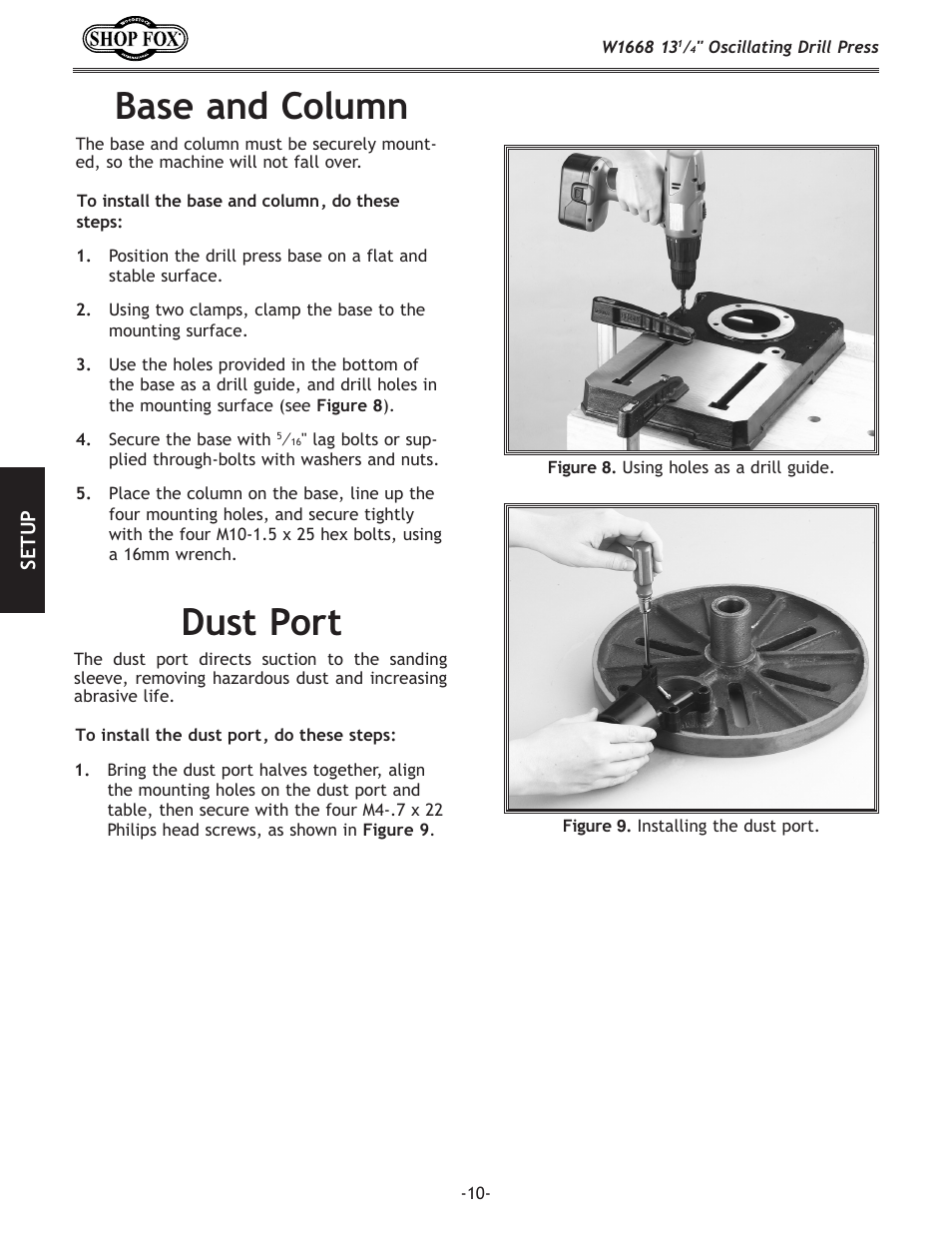 Dust port, Base and column | Woodstock 13 1/4" Oscillating Drill Press W1668 User Manual | Page 12 / 40