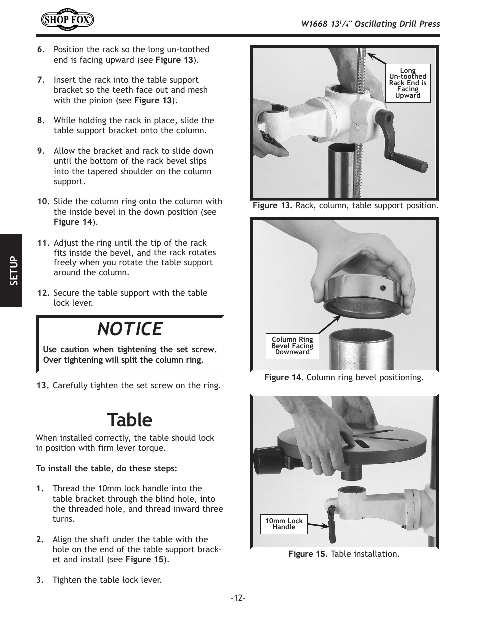 Notice, Table | Woodstock 13 1/4" Oscillating Drill Press W1668 User Manual | Page 14 / 40