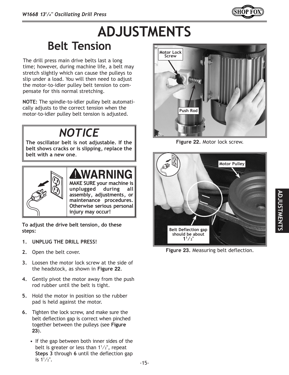 Adjustments, Notice, Belt tension | Woodstock 13 1/4" Oscillating Drill Press W1668 User Manual | Page 17 / 40