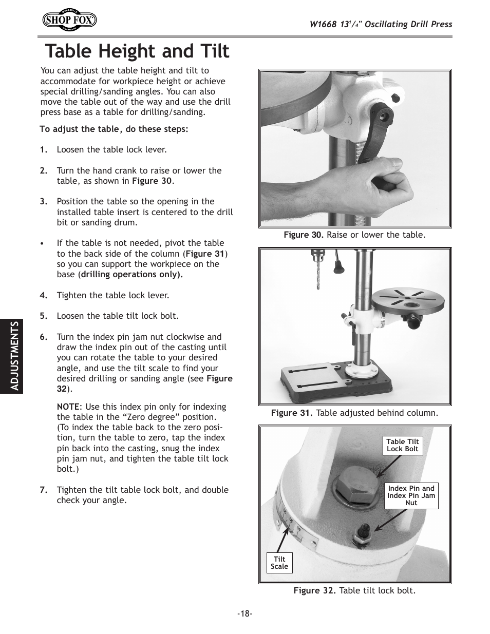 Table height and tilt | Woodstock 13 1/4" Oscillating Drill Press W1668 User Manual | Page 20 / 40