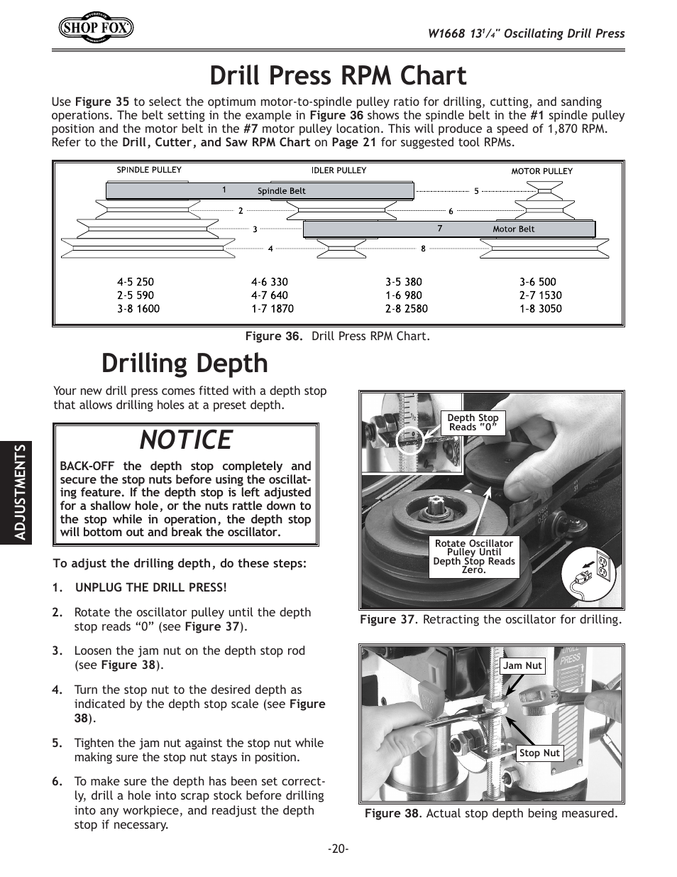 Drilling depth notice, Drill press rpm chart | Woodstock 13 1/4" Oscillating Drill Press W1668 User Manual | Page 22 / 40