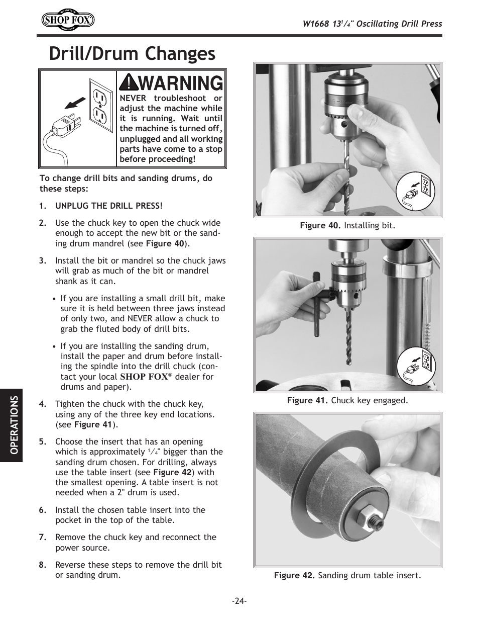 Drill/drum changes | Woodstock 13 1/4" Oscillating Drill Press W1668 User Manual | Page 26 / 40