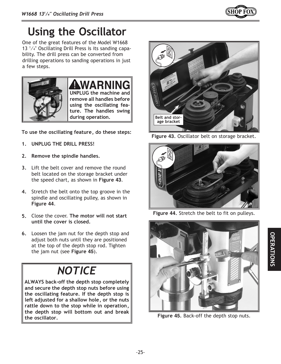 Using the oscillator, Notice | Woodstock 13 1/4" Oscillating Drill Press W1668 User Manual | Page 27 / 40
