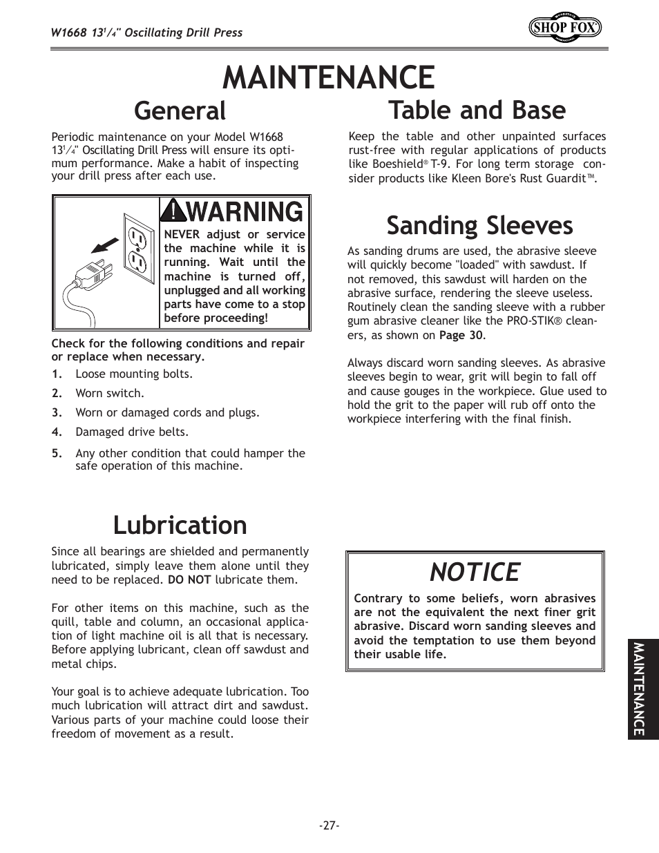 Maintenance, Notice, Table and base | Lubrication, General, Sanding sleeves | Woodstock 13 1/4" Oscillating Drill Press W1668 User Manual | Page 29 / 40
