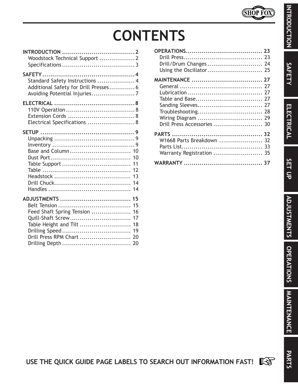 Woodstock 13 1/4" Oscillating Drill Press W1668 User Manual | Page 3 / 40