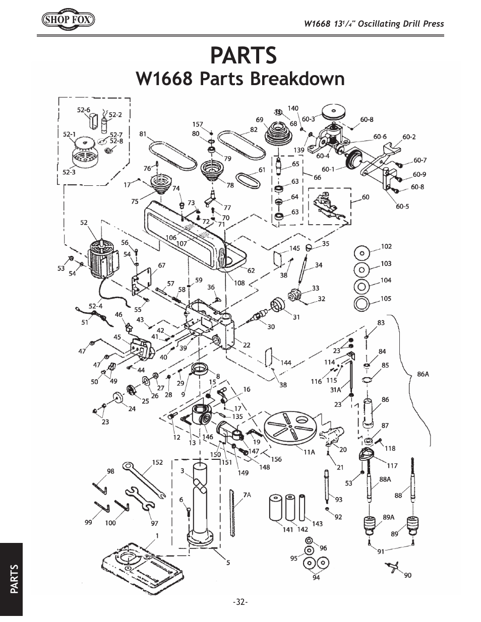 Parts, W1668 parts breakdown | Woodstock 13 1/4" Oscillating Drill Press W1668 User Manual | Page 34 / 40