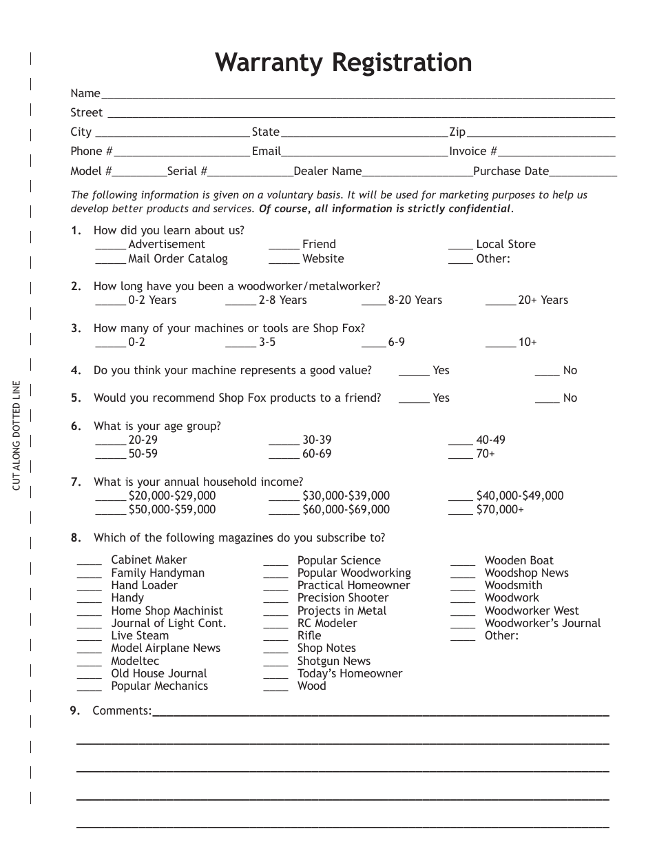 Warranty registration | Woodstock 13 1/4" Oscillating Drill Press W1668 User Manual | Page 37 / 40