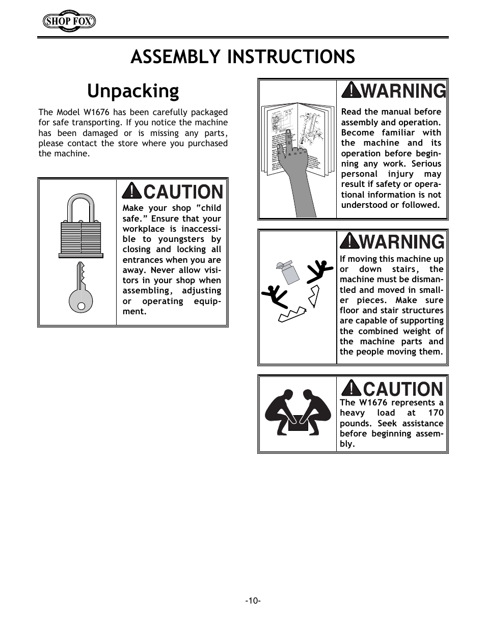 Assembly instructions unpacking | Woodstock W1676 User Manual | Page 12 / 38