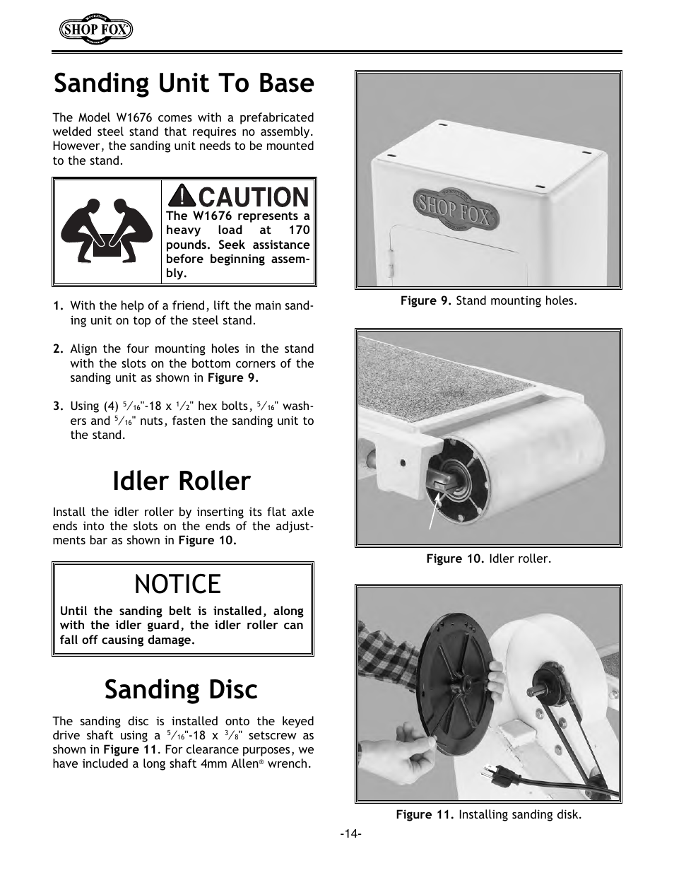 Sanding unit to base, Idler roller, Sanding disc | Notice | Woodstock W1676 User Manual | Page 16 / 38