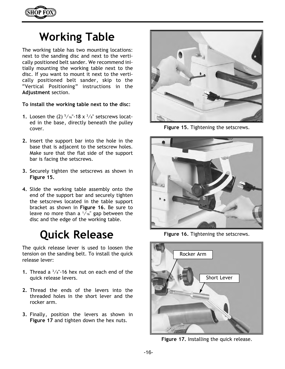 Working table, Quick release | Woodstock W1676 User Manual | Page 18 / 38