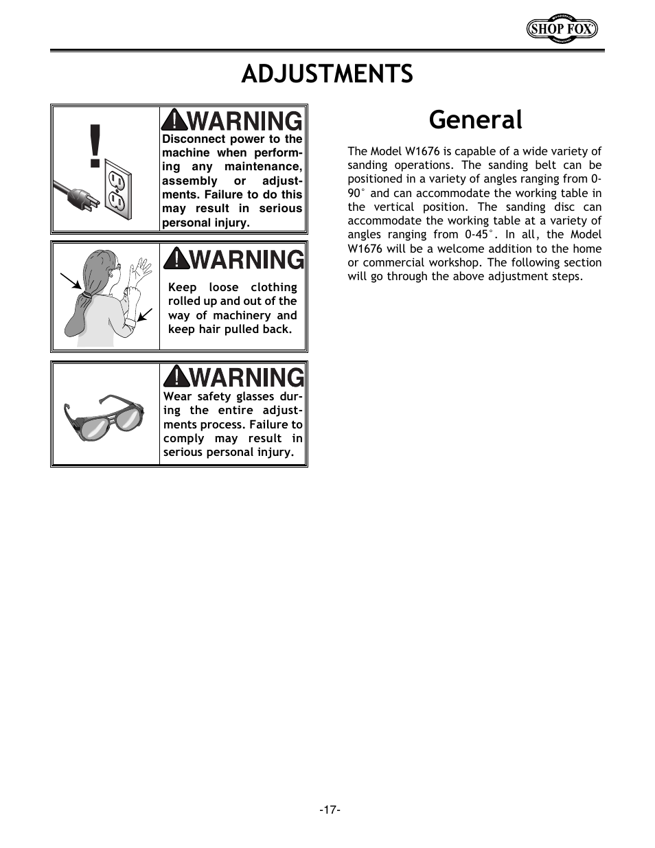 Adjustments general | Woodstock W1676 User Manual | Page 19 / 38
