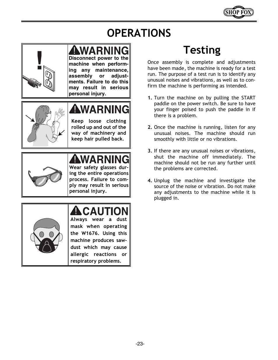 Operations testing | Woodstock W1676 User Manual | Page 25 / 38
