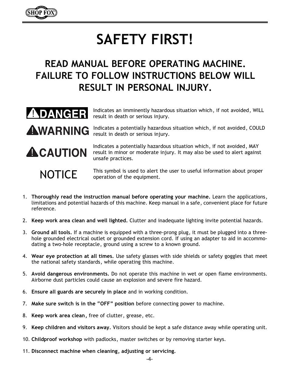 Safety first, Notice | Woodstock W1676 User Manual | Page 6 / 38