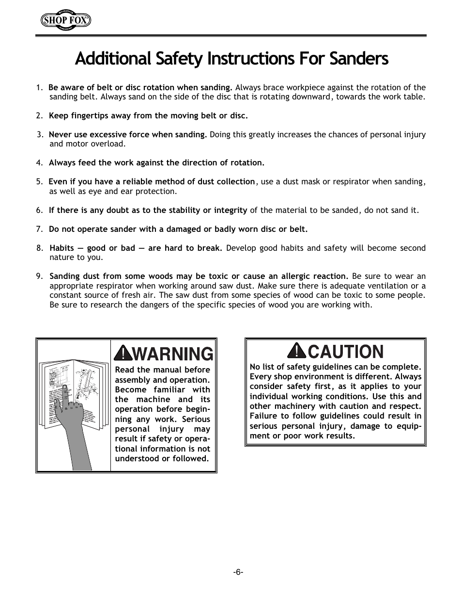 Additional safety instructions for sanders | Woodstock W1676 User Manual | Page 8 / 38