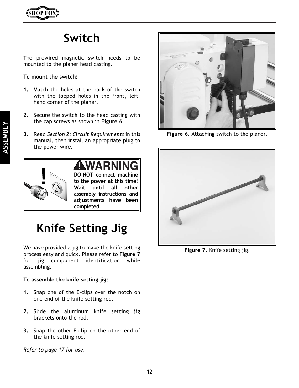 Switch, Knife setting jig | Woodstock International Shop Fox W1683 User Manual | Page 14 / 48