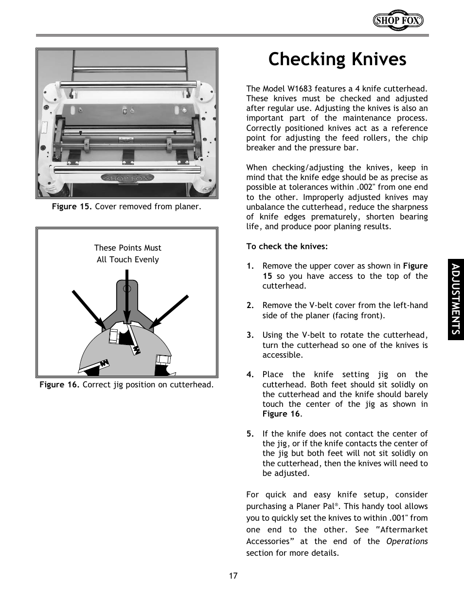 Checking knives | Woodstock International Shop Fox W1683 User Manual | Page 19 / 48