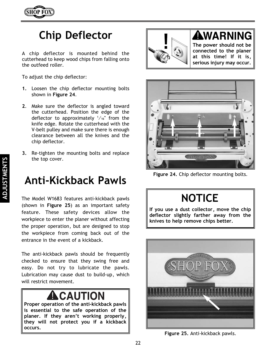 Notice, Chip deflector anti-kickback pawls | Woodstock International Shop Fox W1683 User Manual | Page 24 / 48