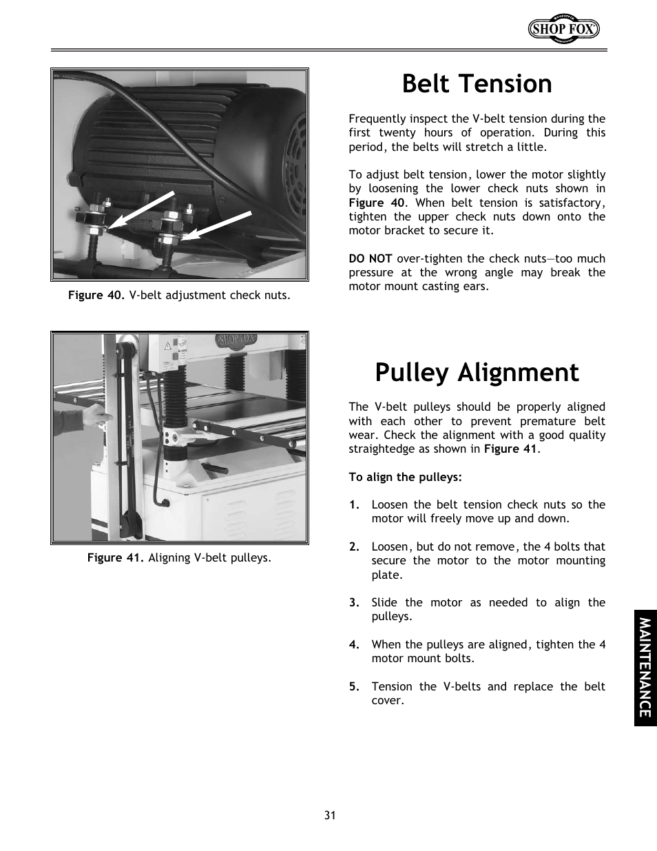 Belt tension, Pulley alignment | Woodstock International Shop Fox W1683 User Manual | Page 33 / 48