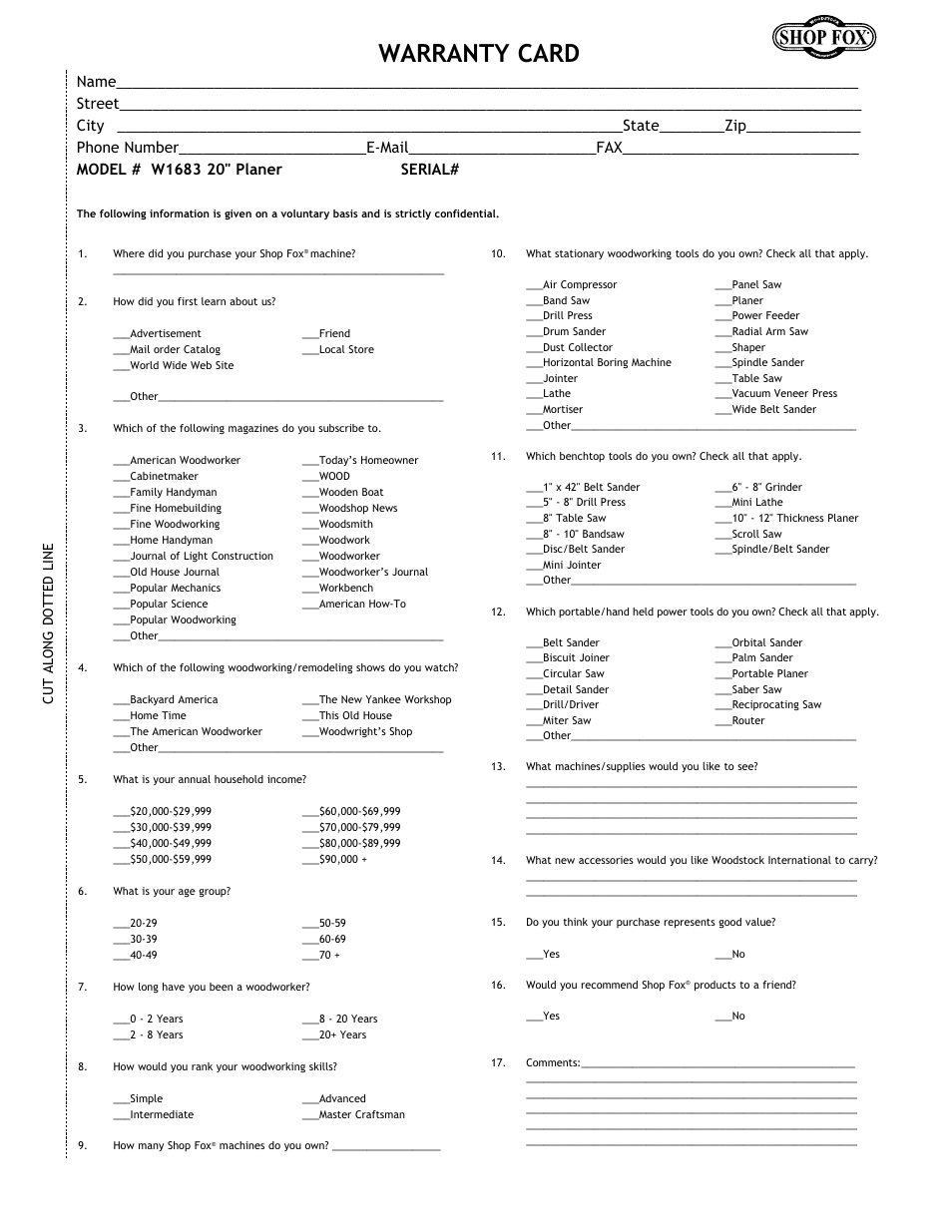 Warranty card, Cut along dotted line | Woodstock International Shop Fox W1683 User Manual | Page 45 / 48