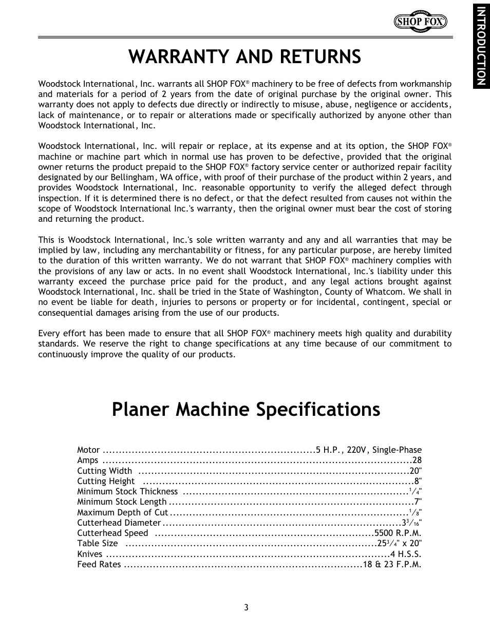 Warranty and returns planer machine specifications, Introduction | Woodstock International Shop Fox W1683 User Manual | Page 5 / 48