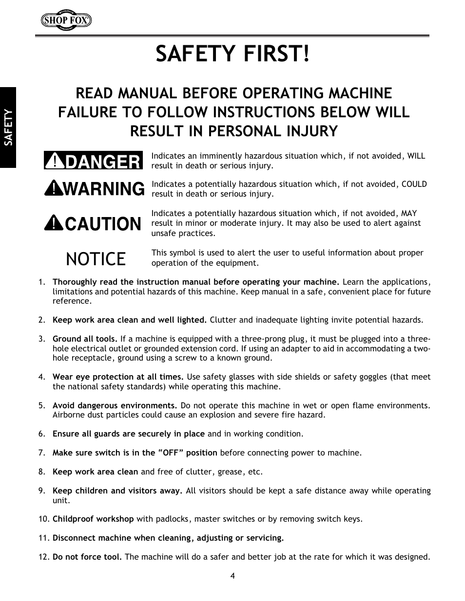 Safety first, Notice | Woodstock International Shop Fox W1683 User Manual | Page 6 / 48