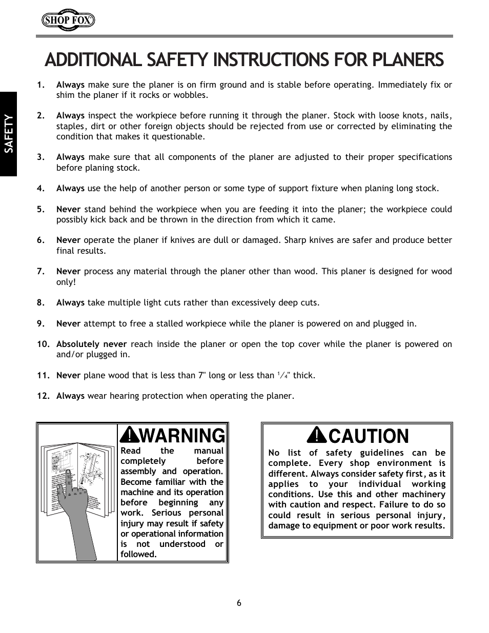 Additional safety instructions for planers, Safety | Woodstock International Shop Fox W1683 User Manual | Page 8 / 48